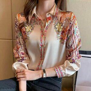 · New Fashion flower print Women's Blouses Long Sleeve Shirt in Apricot -S
